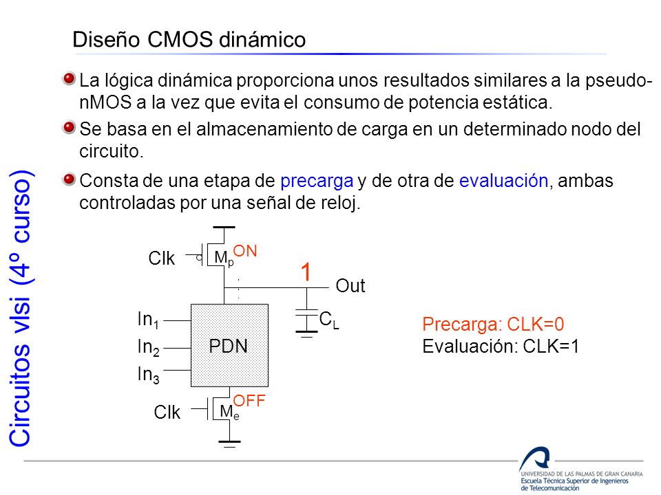Diseño CMOS dinámico La lógica dinámica proporciona unos resultados similares a la pseudo- nMOS a la vez que evita el consumo de potencia estática.