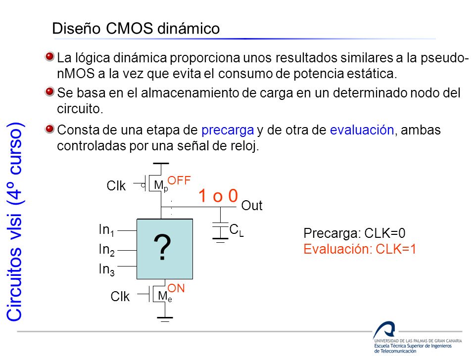 Diseño CMOS dinámico La lógica dinámica proporciona unos resultados similares a la pseudo- nMOS a la vez que evita el consumo de potencia estática.