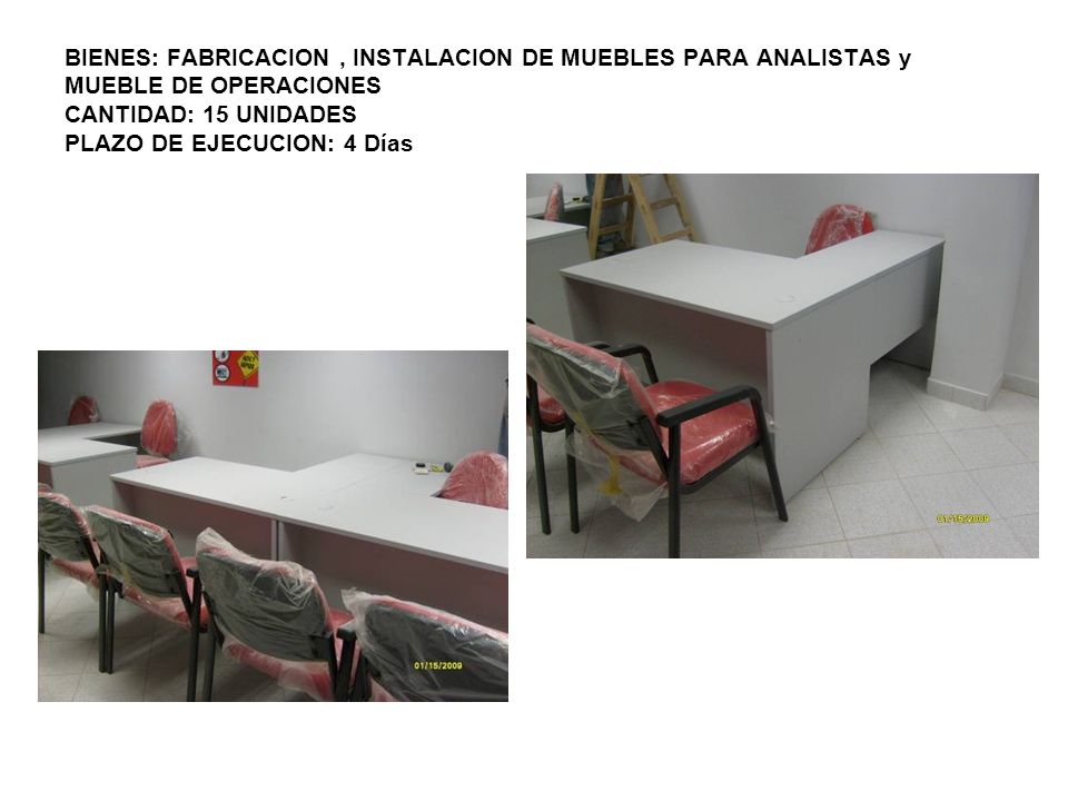 BIENES: FABRICACION , INSTALACION DE MUEBLES PARA ANALISTAS y MUEBLE DE OPERACIONES CANTIDAD: 15 UNIDADES PLAZO DE EJECUCION: 4 Días