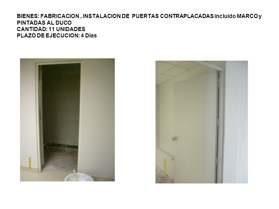 BIENES: FABRICACION , INSTALACION DE PUERTAS CONTRAPLACADAS incluido MARCO y PINTADAS AL DUCO CANTIDAD: 11 UNIDADES PLAZO DE EJECUCION: 4 Días