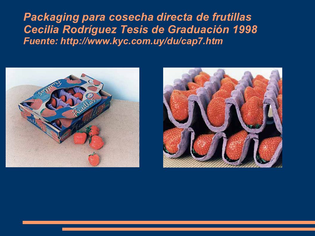 Packaging para cosecha directa de frutillas Cecilia Rodríguez Tesis de Graduación 1998 Fuente: