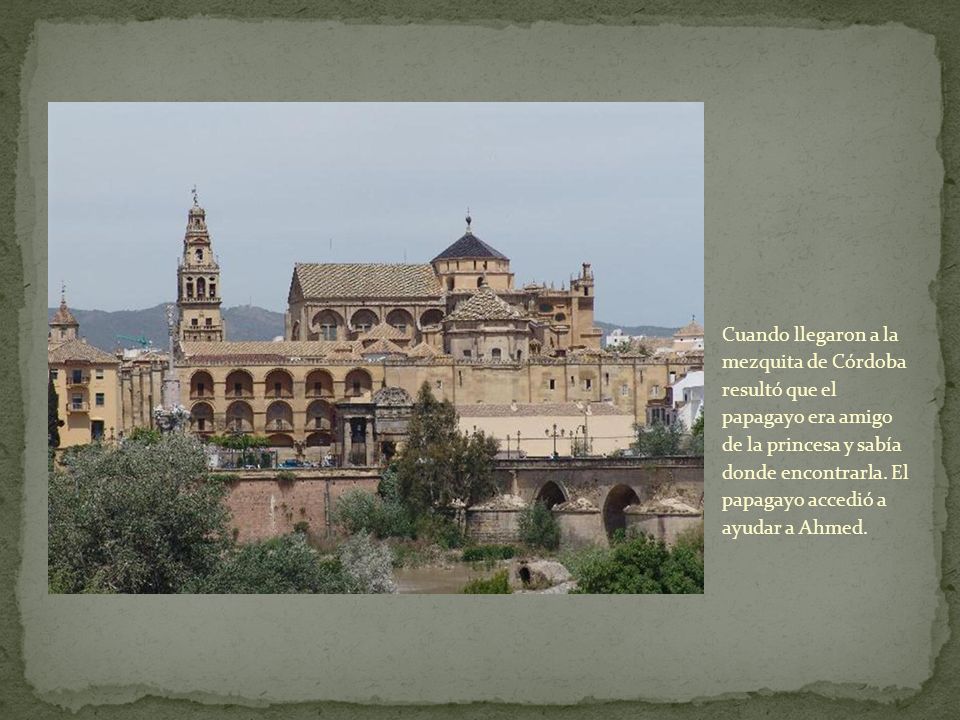 Cuando llegaron a la mezquita de Córdoba resultó que el papagayo era amigo de la princesa y sabía donde encontrarla.