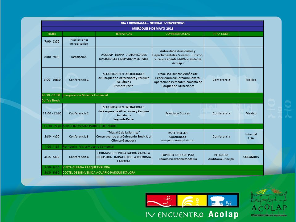 DIA 1 PROGRAMAm GENERAL IV ENCUENTRO MIERCOLES 9 DE MAYO 2012 HORA