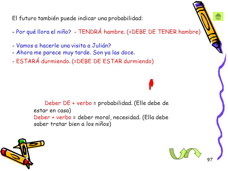 El futuro también puede indicar una probabilidad: - Por qué llora el niño - TENDRÁ hambre. (=DEBE DE TENER hambre) - Vamos a hacerle una visita a Julián - Ahora me parece muy tarde. Son ya las doce. - ESTARÁ durmiendo. (=DEBE DE ESTAR durmiendo)