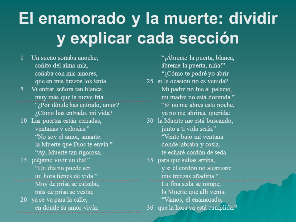 El enamorado y la muerte: dividir y explicar cada sección