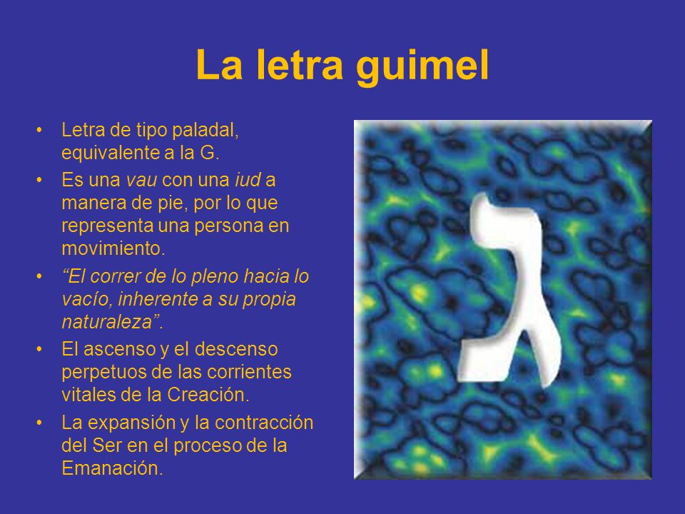 La letra guimel Letra de tipo paladal, equivalente a la G.