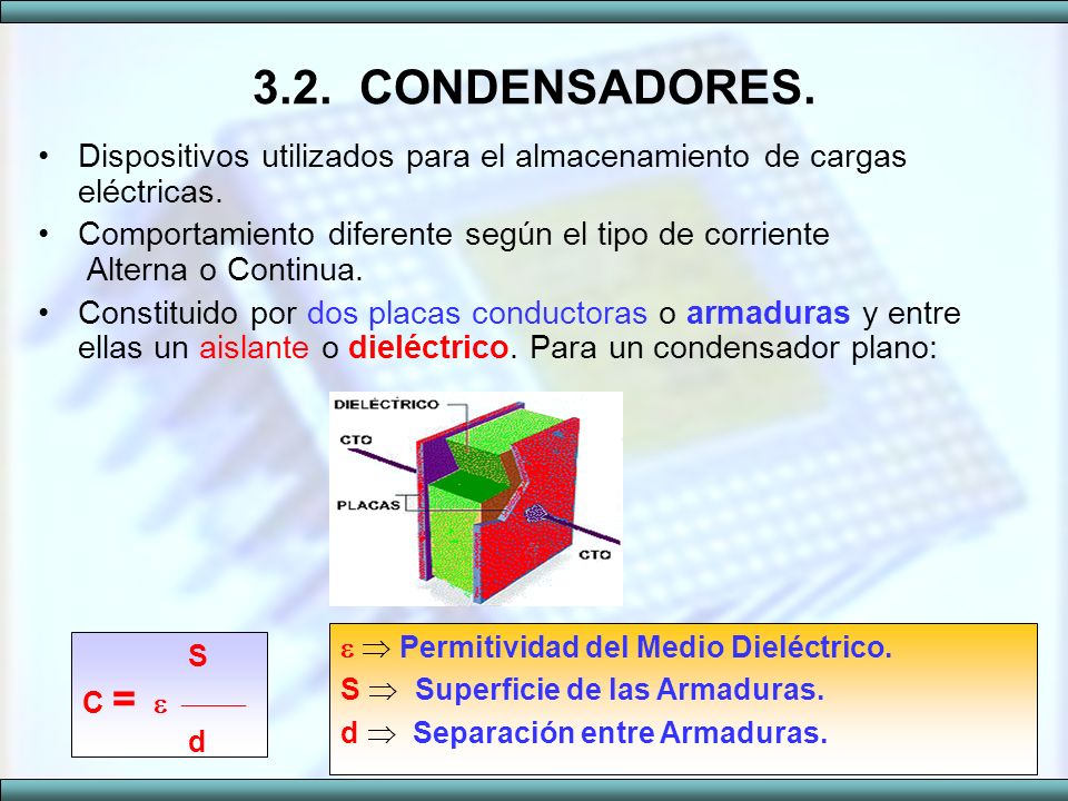 3.2. CONDENSADORES. Dispositivos utilizados para el almacenamiento de cargas eléctricas.