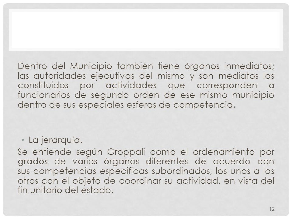 Dentro del Municipio también tiene órganos inmediatos; las autoridades ejecutivas del mismo y son mediatos los constituidos por actividades que corresponden a funcionarios de segundo orden de ese mismo municipio dentro de sus especiales esferas de competencia.