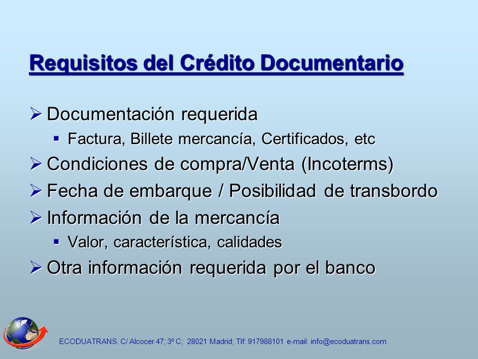 Requisitos del Crédito Documentario