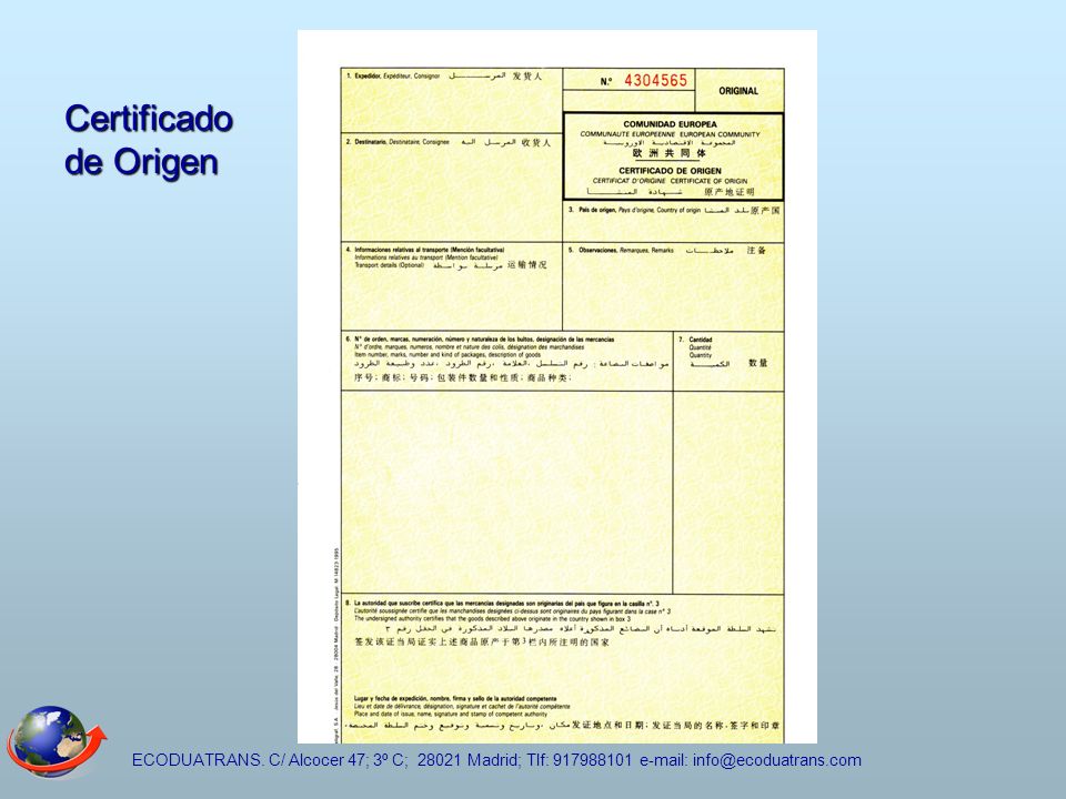 Certificado de Origen ECODUATRANS.