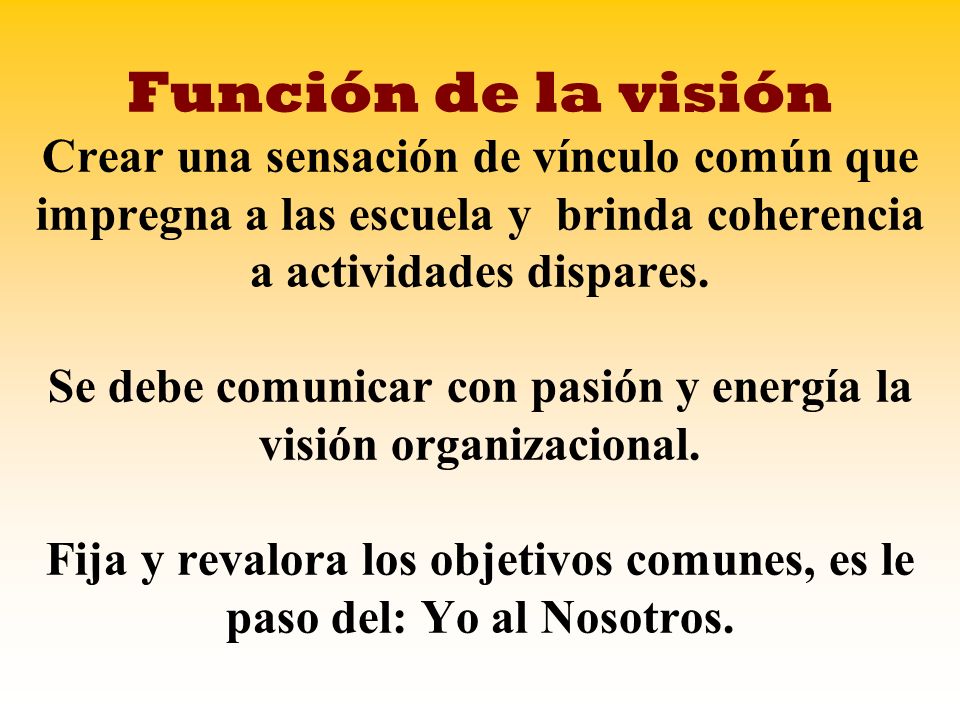 Función de la visión Crear una sensación de vínculo común que impregna a las escuela y brinda coherencia a actividades dispares.