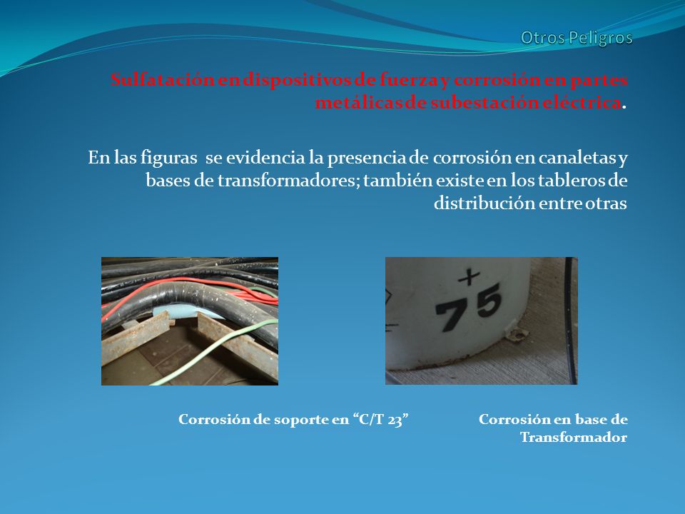 Otros Peligros Sulfatación en dispositivos de fuerza y corrosión en partes metálicas de subestación eléctrica.