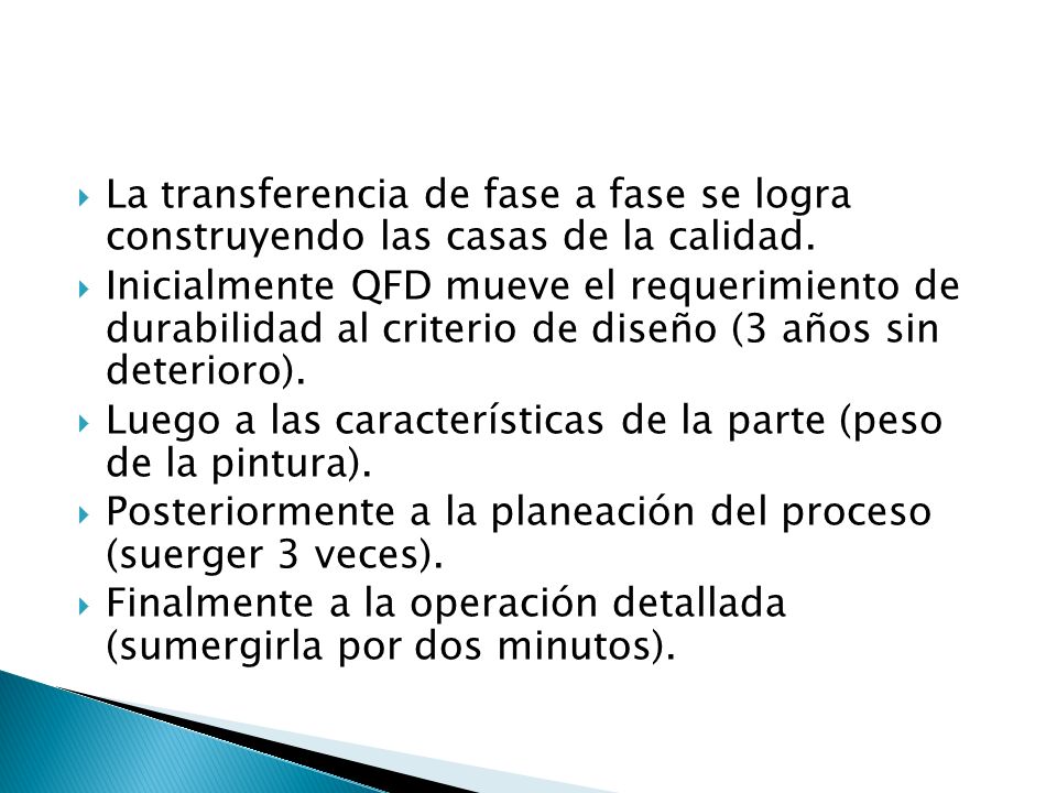 La transferencia de fase a fase se logra construyendo las casas de la calidad.