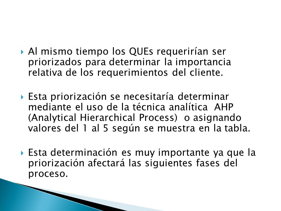 Al mismo tiempo los QUEs requerirían ser priorizados para determinar la importancia relativa de los requerimientos del cliente.