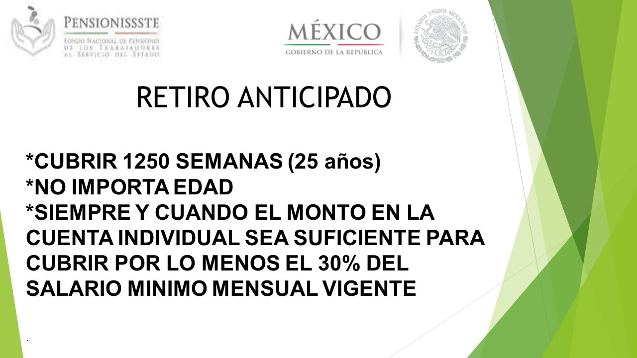 RETIRO ANTICIPADO *CUBRIR 1250 SEMANAS (25 años) *NO IMPORTA EDAD