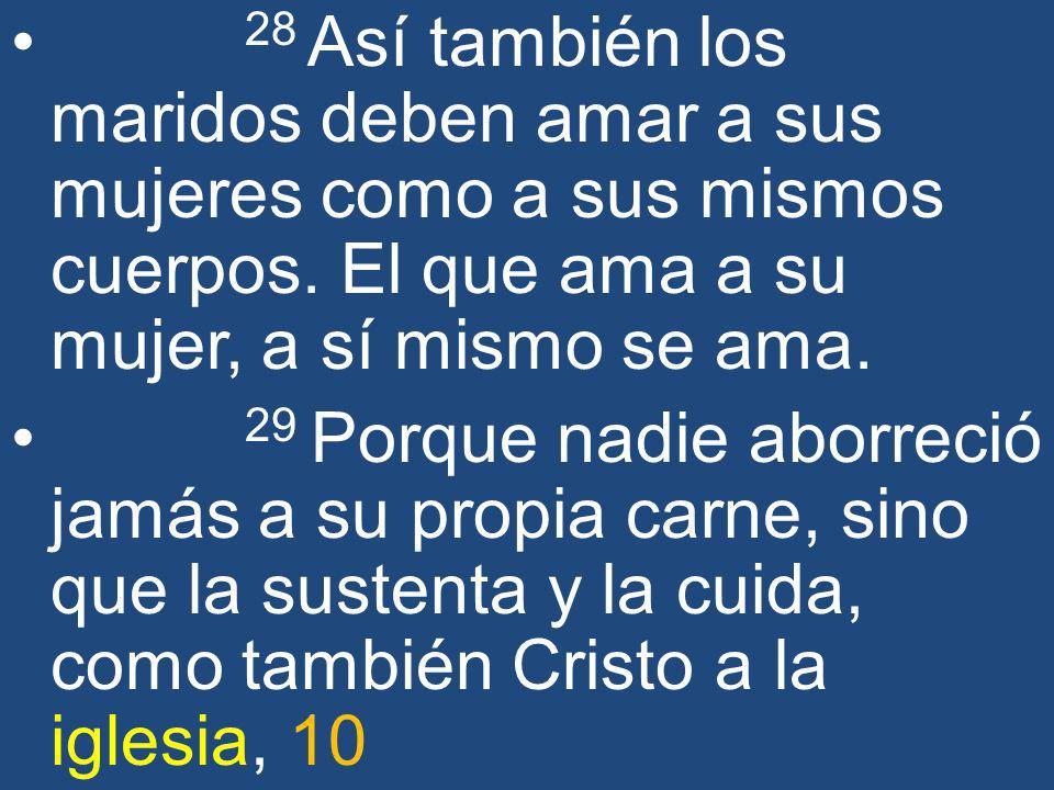 28 Así también los maridos deben amar a sus mujeres como a sus mismos cuerpos. El que ama a su mujer, a sí mismo se ama.