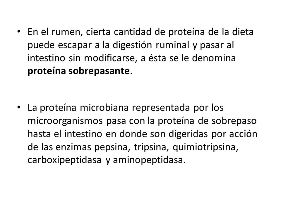 En el rumen, cierta cantidad de proteína de la dieta puede escapar a la digestión ruminal y pasar al intestino sin modificarse, a ésta se le denomina proteína sobrepasante.