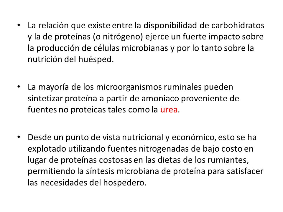 La relación que existe entre la disponibilidad de carbohidratos y la de proteínas (o nitrógeno) ejerce un fuerte impacto sobre la producción de células microbianas y por lo tanto sobre la nutrición del huésped.