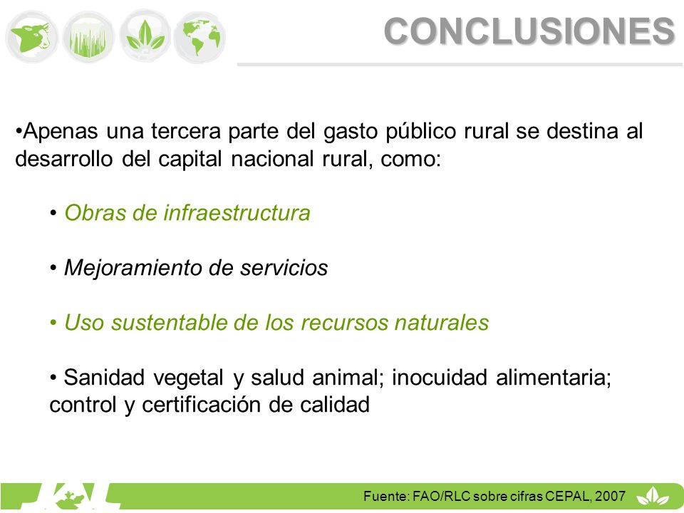 CONCLUSIONES Apenas una tercera parte del gasto público rural se destina al desarrollo del capital nacional rural, como: