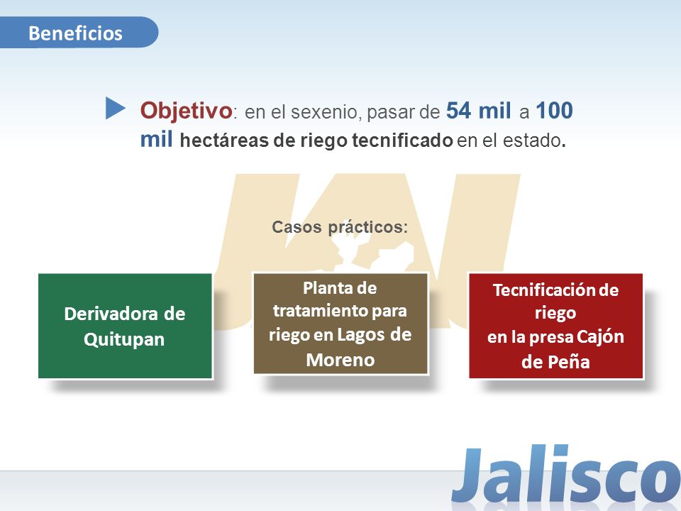 Beneficios Objetivo: en el sexenio, pasar de 54 mil a 100 mil hectáreas de riego tecnificado en el estado.