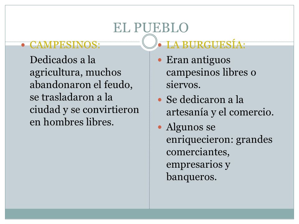 EL PUEBLO CAMPESINOS: Dedicados a la agricultura, muchos abandonaron el feudo, se trasladaron a la ciudad y se convirtieron en hombres libres.