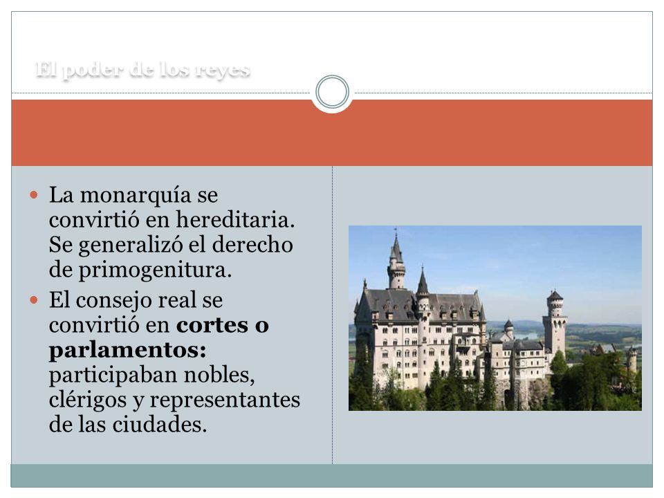 El poder de los reyes La monarquía se convirtió en hereditaria. Se generalizó el derecho de primogenitura.