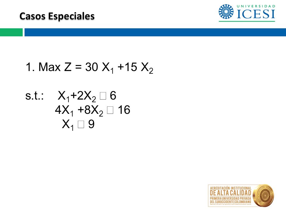 1. Max Z = 30 X1 +15 X2 s.t.: X1+2X2 £ 6 4X1 +8X2 £ 16 X1 ³ 9