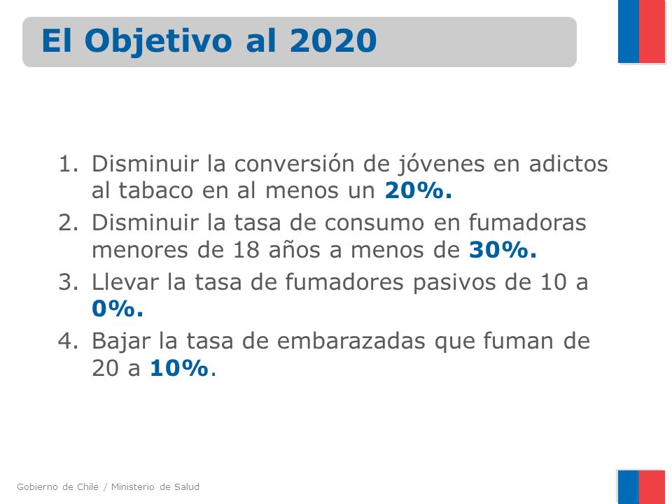 El Objetivo al 2020 Disminuir la conversión de jóvenes en adictos al tabaco en al menos un 20%.
