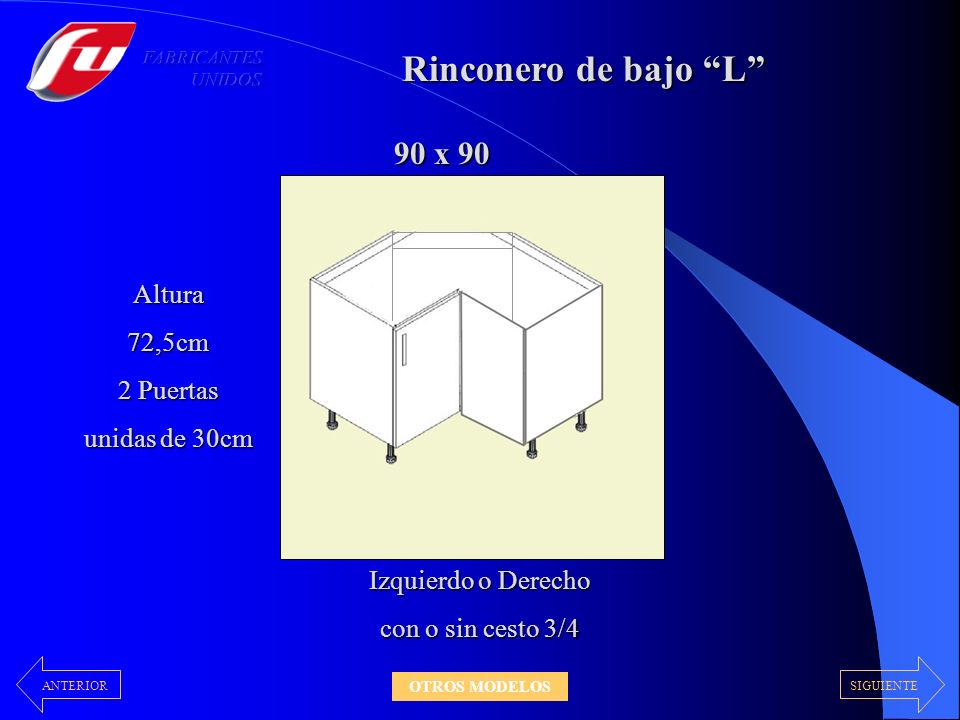 Rinconero de bajo L 90 x 90 Altura 72,5cm 2 Puertas unidas de 30cm