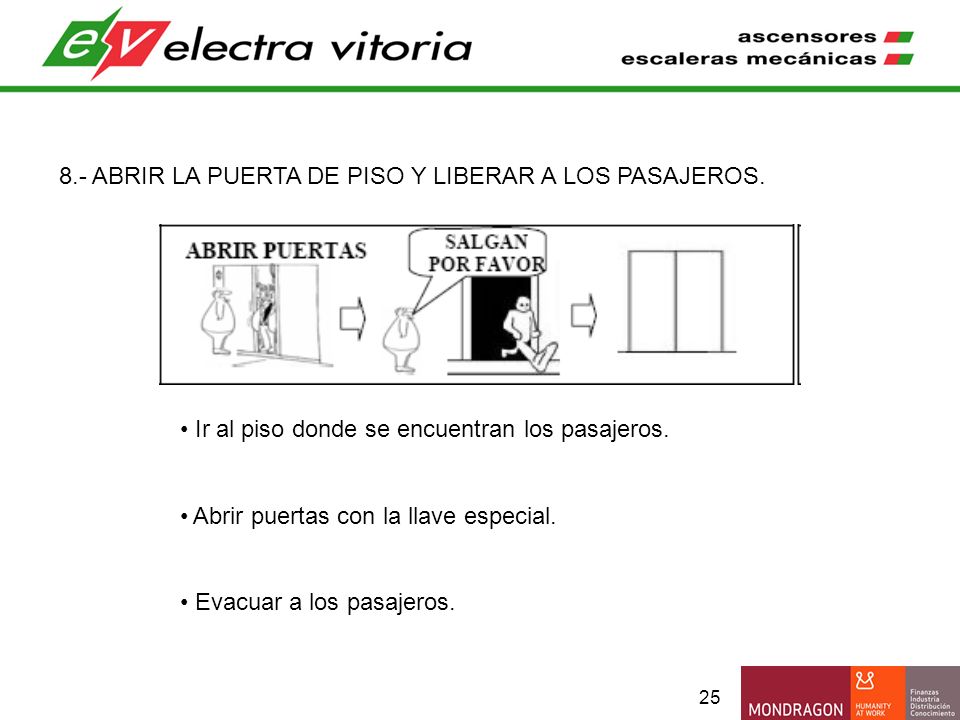 8.- ABRIR LA PUERTA DE PISO Y LIBERAR A LOS PASAJEROS.