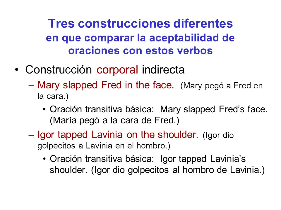 Tres construcciones diferentes en que comparar la aceptabilidad de oraciones con estos verbos