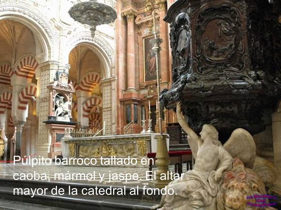Púlpito barroco tallado en caoba, mármol y jaspe