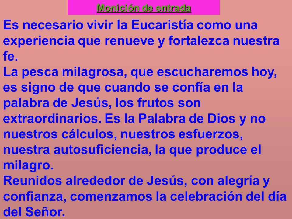 Monición de entrada Es necesario vivir la Eucaristía como una experiencia que renueve y fortalezca nuestra fe.