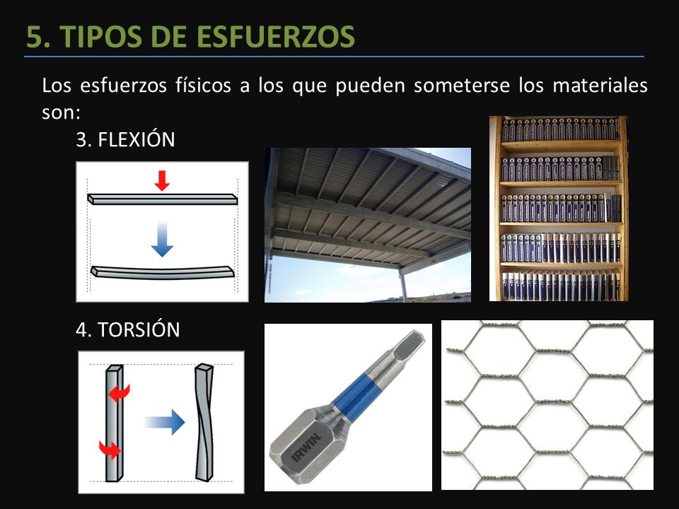 5. TIPOS DE ESFUERZOS Los esfuerzos físicos a los que pueden someterse los materiales son: 3. FLEXIÓN.