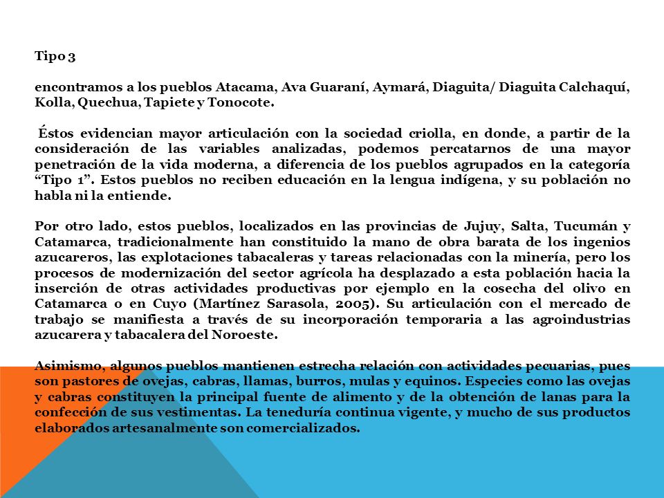 Tipo 3 encontramos a los pueblos Atacama, Ava Guaraní, Aymará, Diaguita/ Diaguita Calchaquí, Kolla, Quechua, Tapiete y Tonocote.