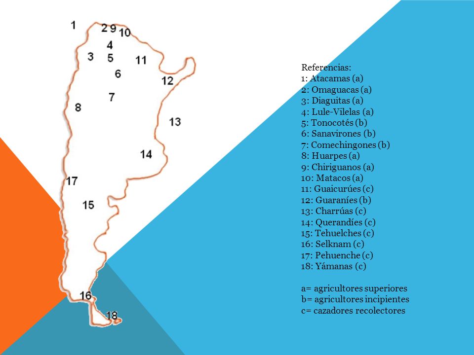 Referencias: 1: Atacamas (a) 2: Omaguacas (a) 3: Diaguitas (a) 4: Lule-Vilelas (a) 5: Tonocotés (b)
