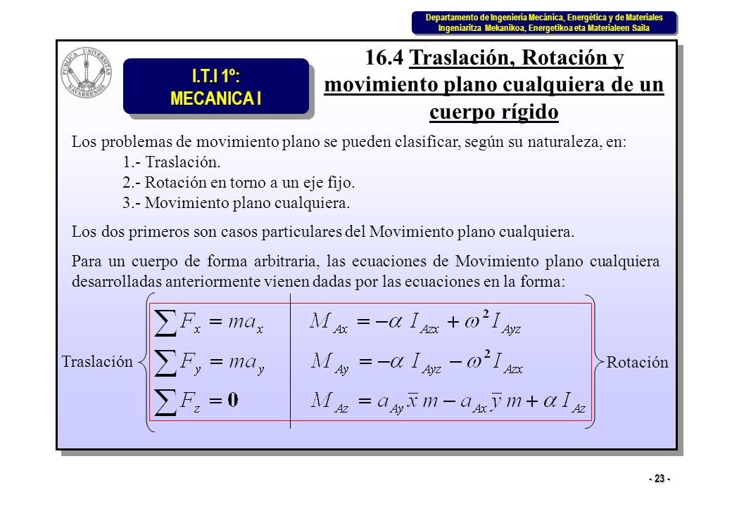 16.4 Traslación, Rotación y movimiento plano cualquiera de un cuerpo rígido