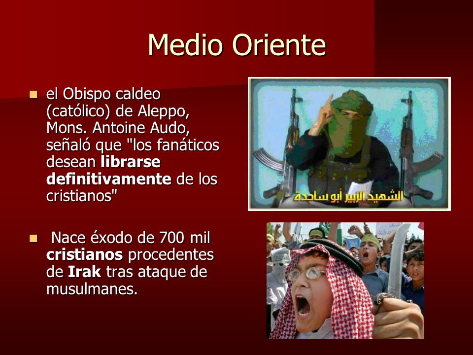 Medio Oriente el Obispo caldeo (católico) de Aleppo, Mons. Antoine Audo, señaló que los fanáticos desean librarse definitivamente de los cristianos