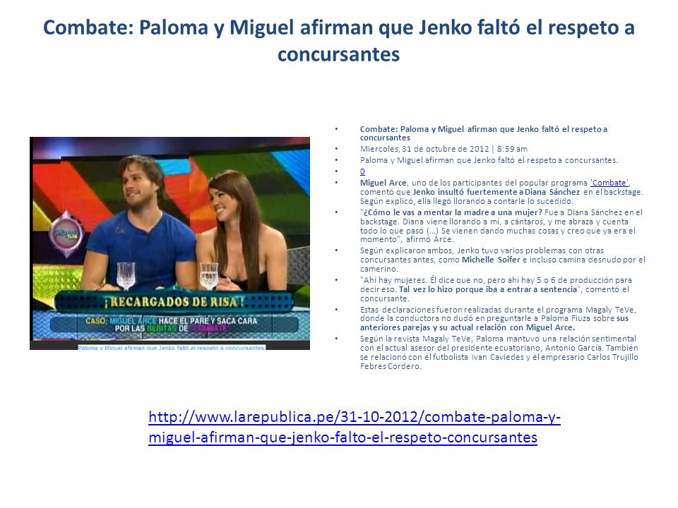 Combate: Paloma y Miguel afirman que Jenko faltó el respeto a concursantes