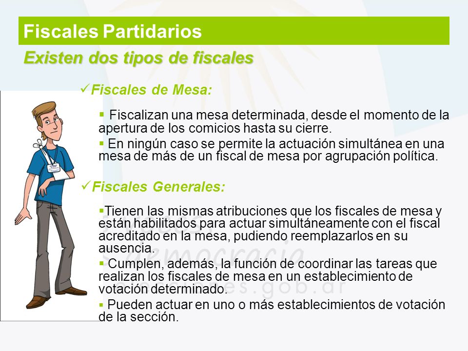 Fiscales Partidarios Existen dos tipos de fiscales Fiscales de Mesa: