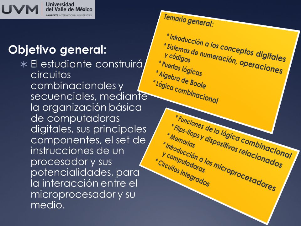 Temario general: * Introducción a los conceptos digitales. * Sistemas de numeración, operaciones y códigos.