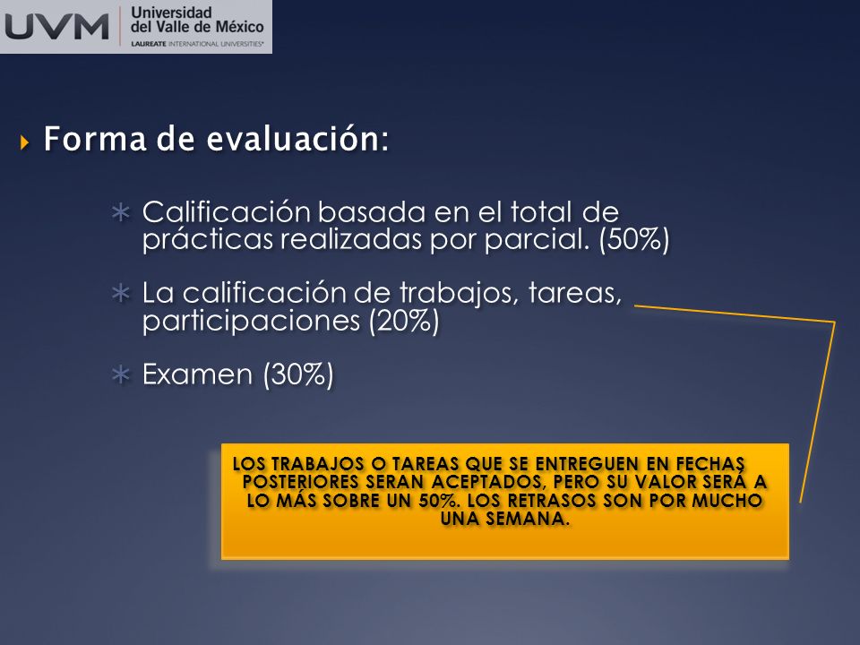 Forma de evaluación: Calificación basada en el total de prácticas realizadas por parcial. (50%)
