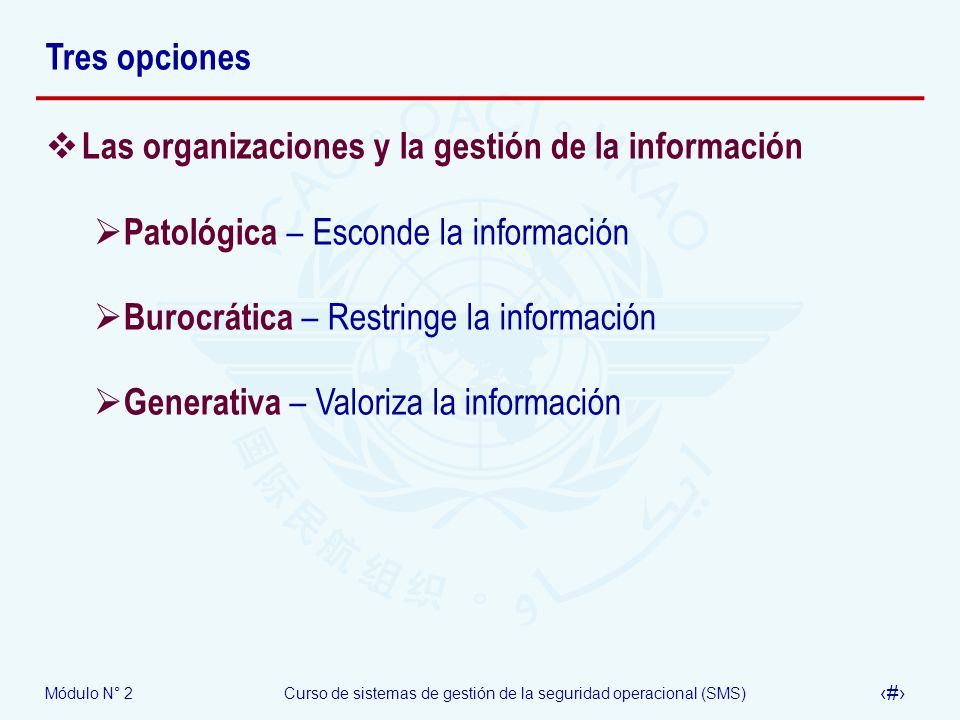 Tres opciones Las organizaciones y la gestión de la información. Patológica – Esconde la información.