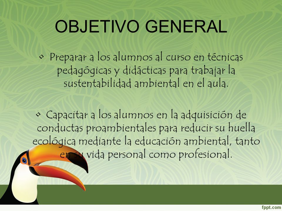 OBJETIVO GENERAL Preparar a los alumnos al curso en técnicas pedagógicas y didácticas para trabajar la sustentabilidad ambiental en el aula.