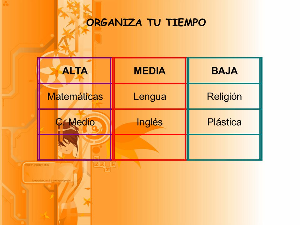 ORGANIZA TU TIEMPO ALTA Matemáticas C. Medio MEDIA Lengua Inglés BAJA