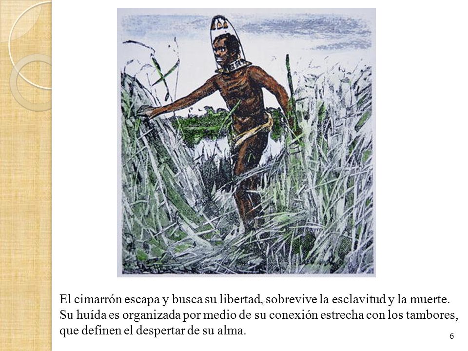 El cimarrón escapa y busca su libertad, sobrevive la esclavitud y la muerte. Su huída es organizada por medio de su conexión estrecha con los tambores, que definen el despertar de su alma.