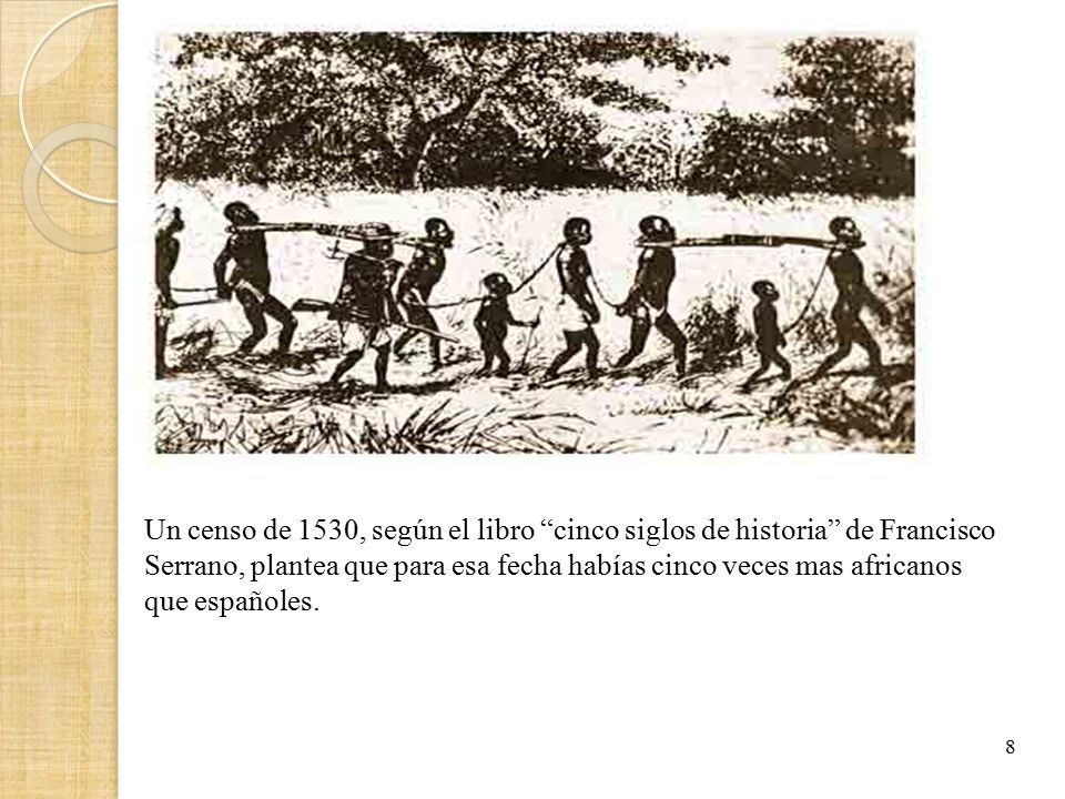 Un censo de 1530, según el libro cinco siglos de historia de Francisco Serrano, plantea que para esa fecha habías cinco veces mas africanos que españoles.