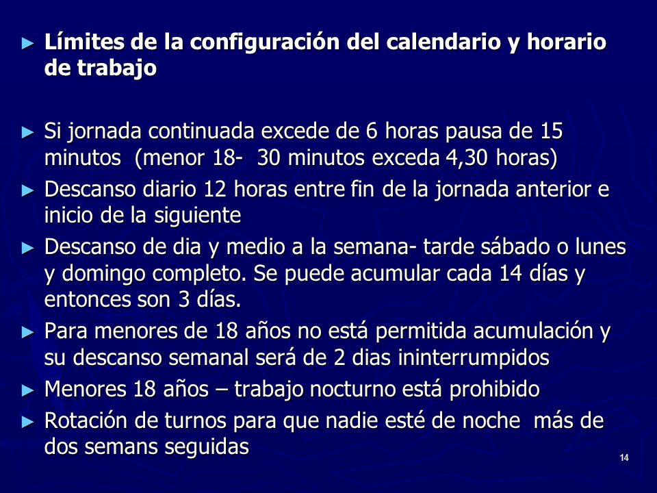 Límites de la configuración del calendario y horario de trabajo