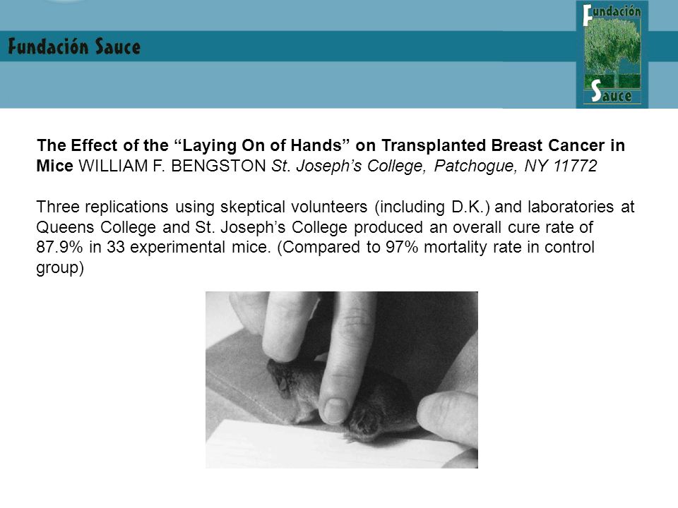 The Effect of the Laying On of Hands on Transplanted Breast Cancer in Mice WILLIAM F. BENGSTON St. Joseph’s College, Patchogue, NY 11772