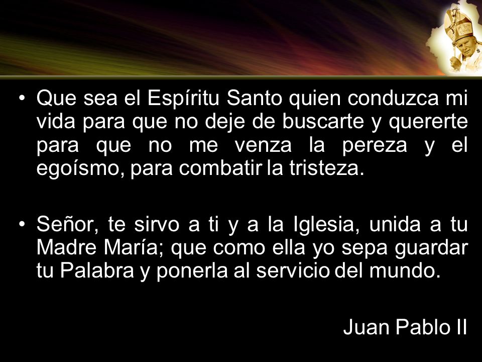 Que sea el Espíritu Santo quien conduzca mi vida para que no deje de buscarte y quererte para que no me venza la pereza y el egoísmo, para combatir la tristeza.